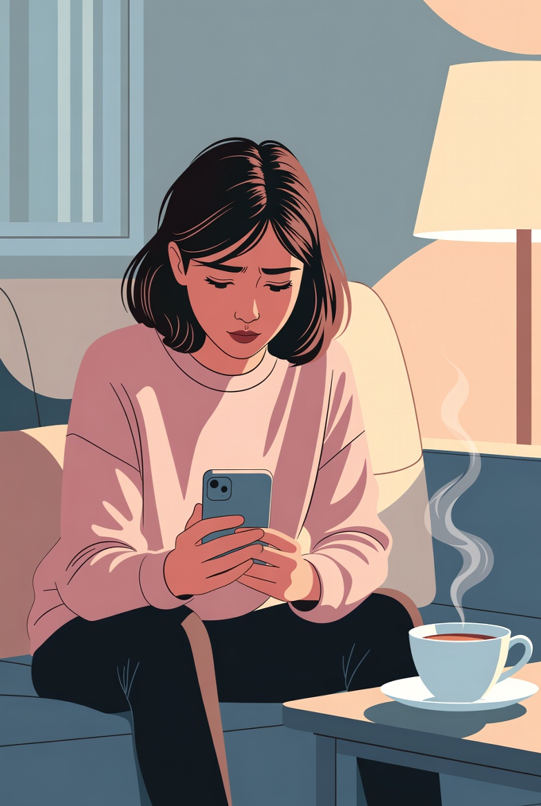 Illustration d’une femme attendant un message après un rendez-vous, regardant son téléphone avec anxiété – Article sur DecodeRelation.com