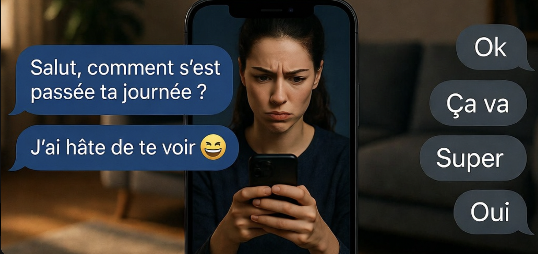 Réponses froides par message : femme confuse devant son téléphone avec des textos secs