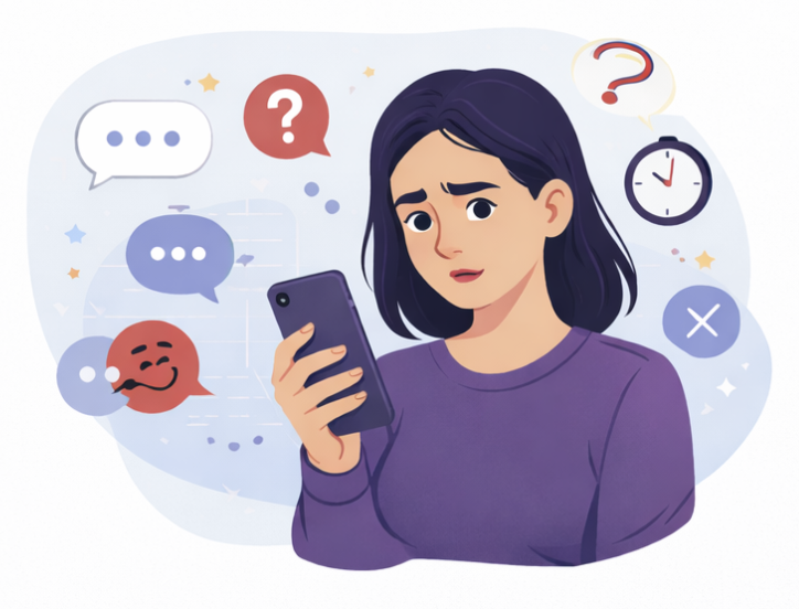 illustration d'une femme regardant son téléphone d'une manière perplexe, entourée d'icônes de messages ambigus