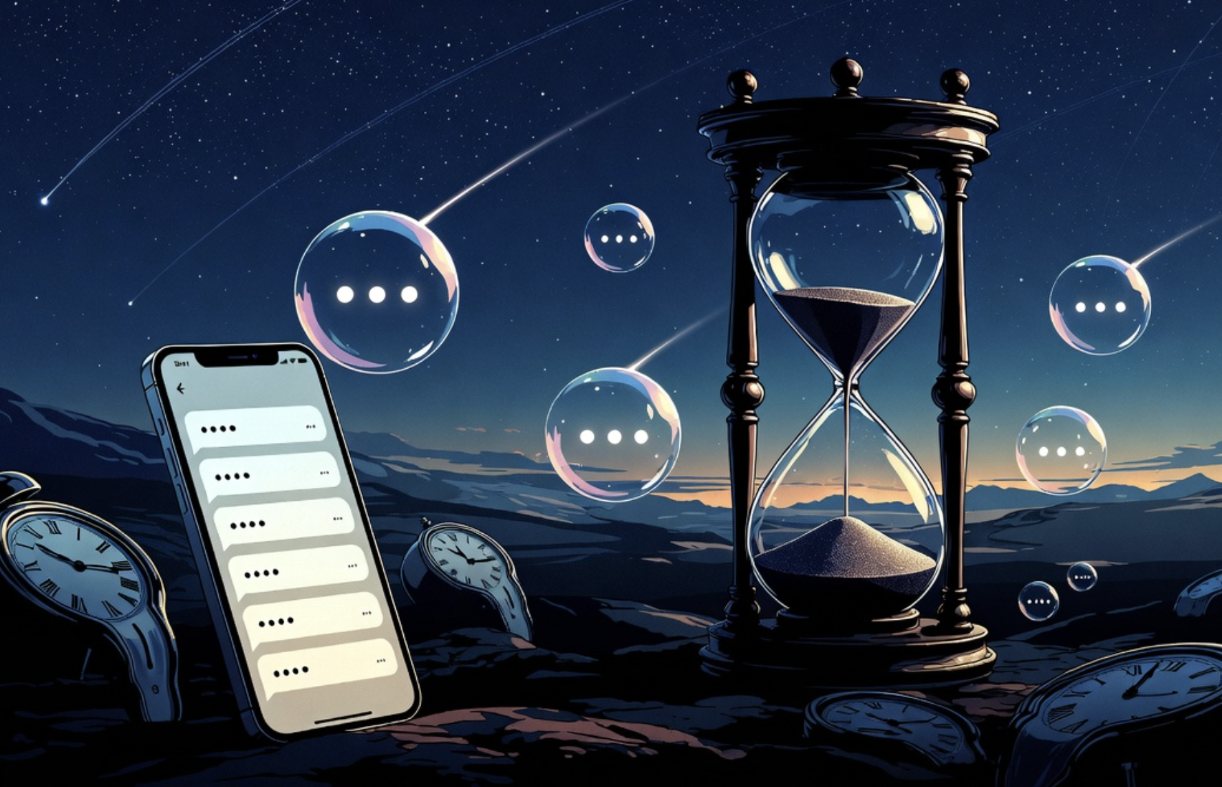 Illustration d’un téléphone avec des messages dont les réponses sont très espacées dans le temps, représentant les délais de réponse et leur impact émotionnel dans une relation décoder les messages pourquoi il ne répond pas