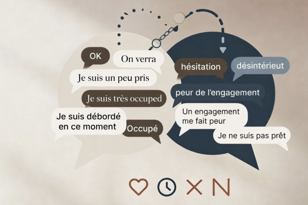 Illustration comparant les messages reçus et les véritables intentions derrière eux, avec une loupe symbolisant le décodage des communications en amour