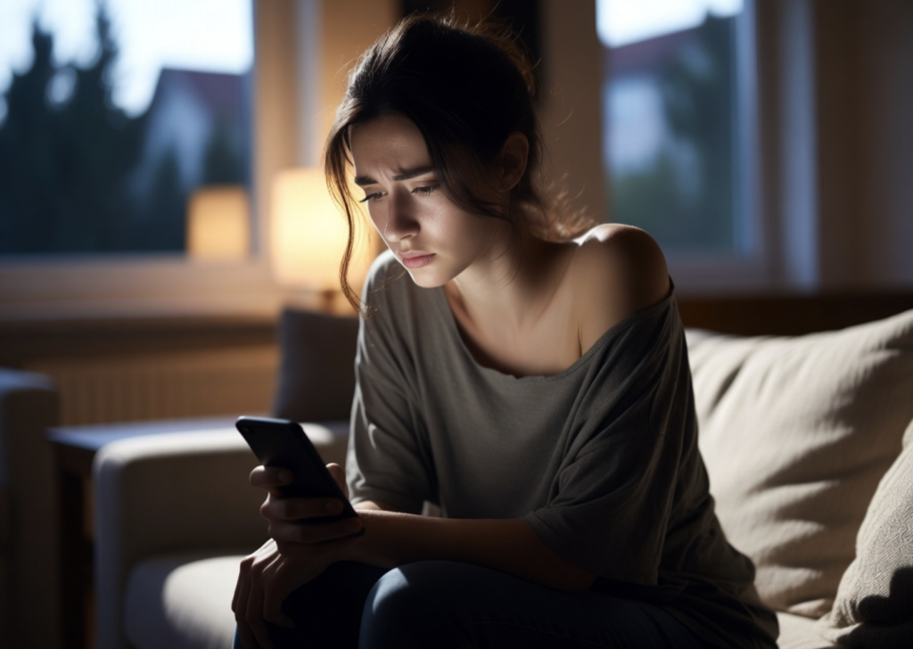 Jeune femme attendant anxieusement une réponse sur son téléphone portable- il met du temps à répondre
