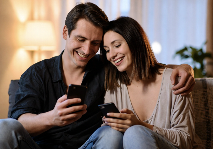Couple heureux communiquant par messages sur leurs téléphones