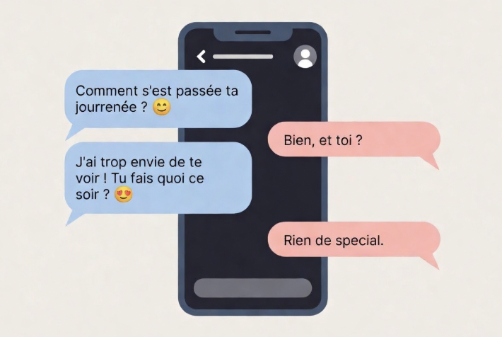 Illustration d’une conversation texto où il répond mais ne relance jamais la discussion – décryptage comportement amoureux