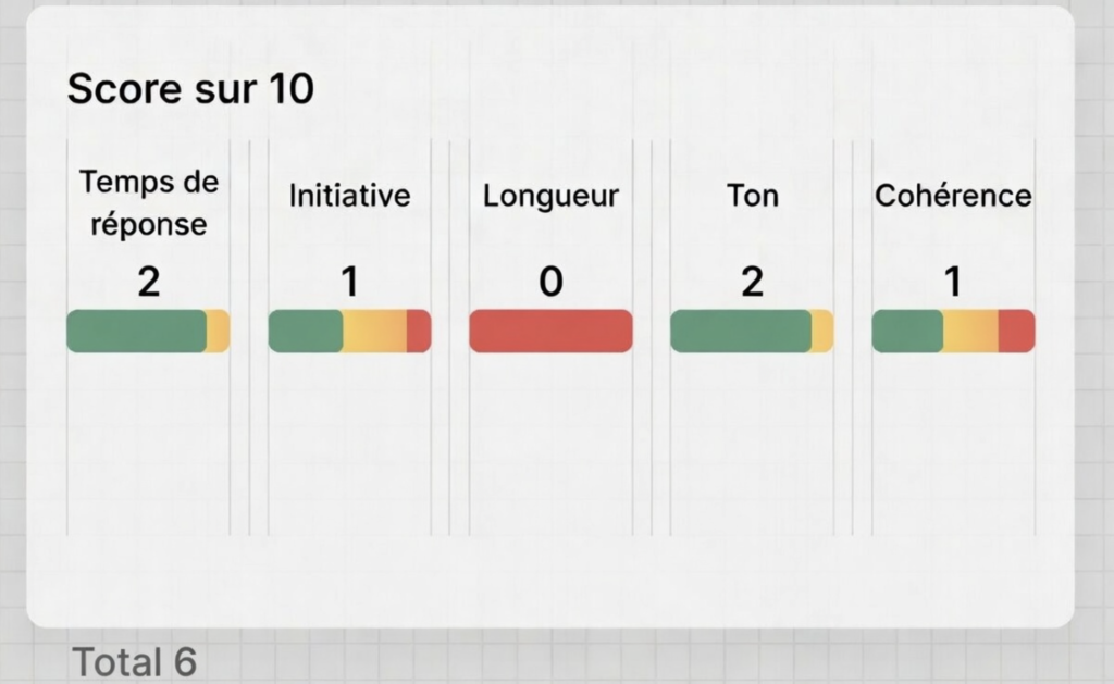 Score d'intérêt . Infographie simple d’un score sur 10 évaluant une réponse selon 5 critères : Temps de réponse , Initiative, Longueur , Ton et Cohérence .Le total global est sur 10. Design moderne minimaliste avec couleurs neutres sur fond clair.