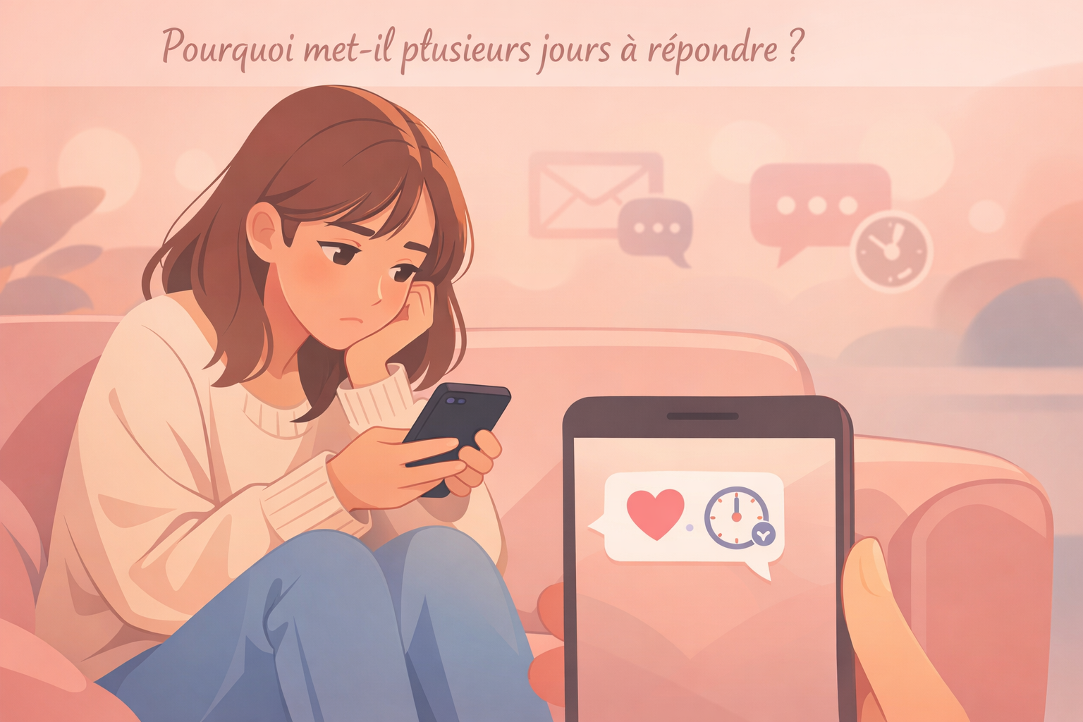 Illustration d’une femme attendant anxieusement une réponse à son message sur son téléphone, représentant la frustration quand il met plusieurs jours à répondre aux textos en dating