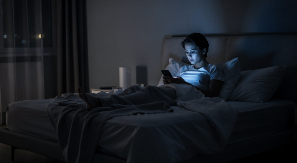 silence relationnel femme dans un lit, climat sombre et triste
